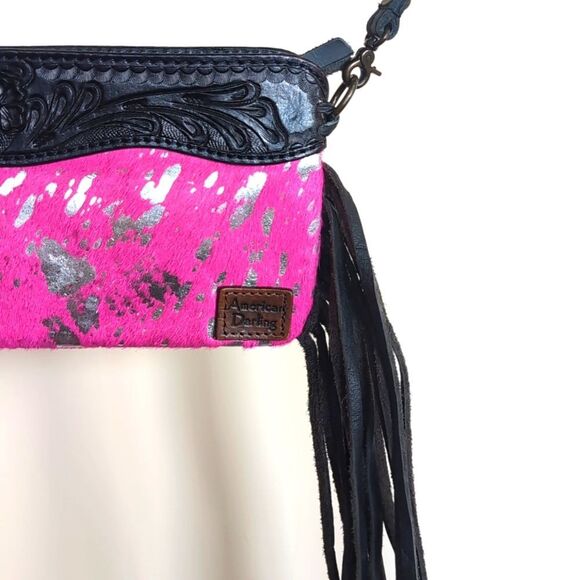 American Darling Fuchsia &Silver Cow Hide/Black Tooled Leather Fringe Crossbody - Picture 4 of 15